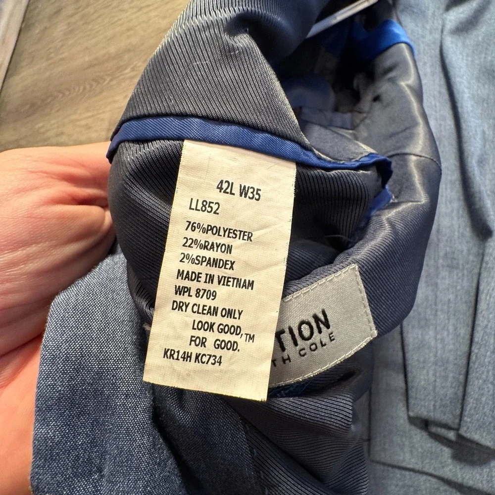 Kenneth Cole Reaction Suit Sport Coat Pants Mens‎ 42 L 35 W Blue Techni-Cole